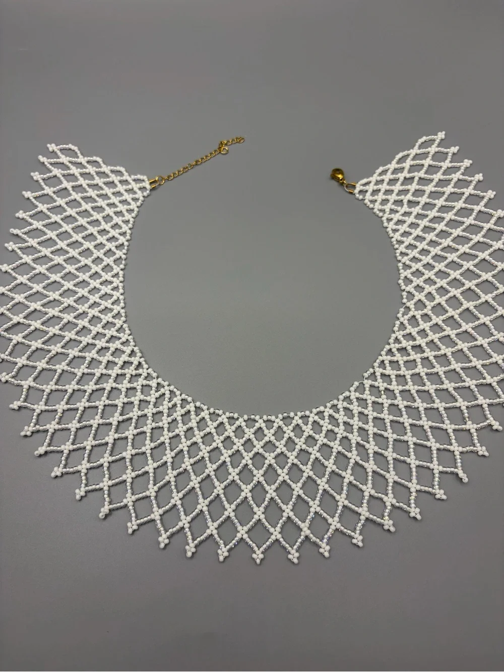 White Beaded Net Collar Necklace with Matching Drop Earrings